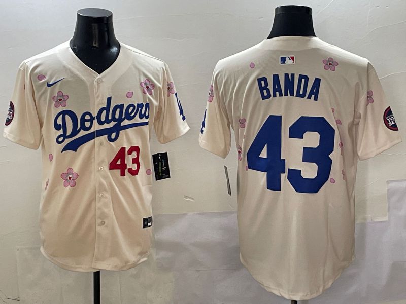 Men Los Angeles Dodgers 43 Banda Cream White Blue Sakura Edition 2025 Nike MLB Jersey style 1